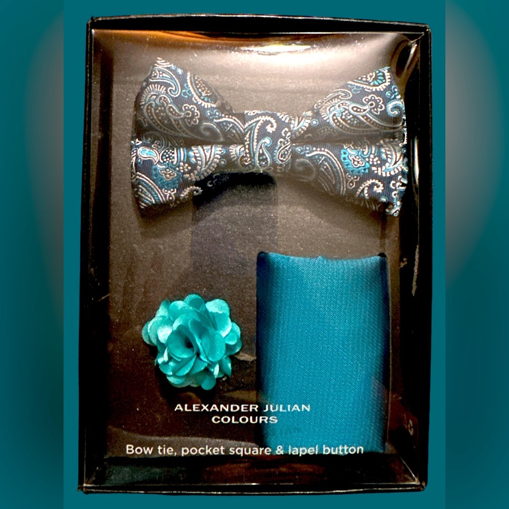 NEW ALEXANDER JULIAN COLOURS 3 PIECE AQUA FLORAL BOW TIE / LAPEL / POCKET SQUARE